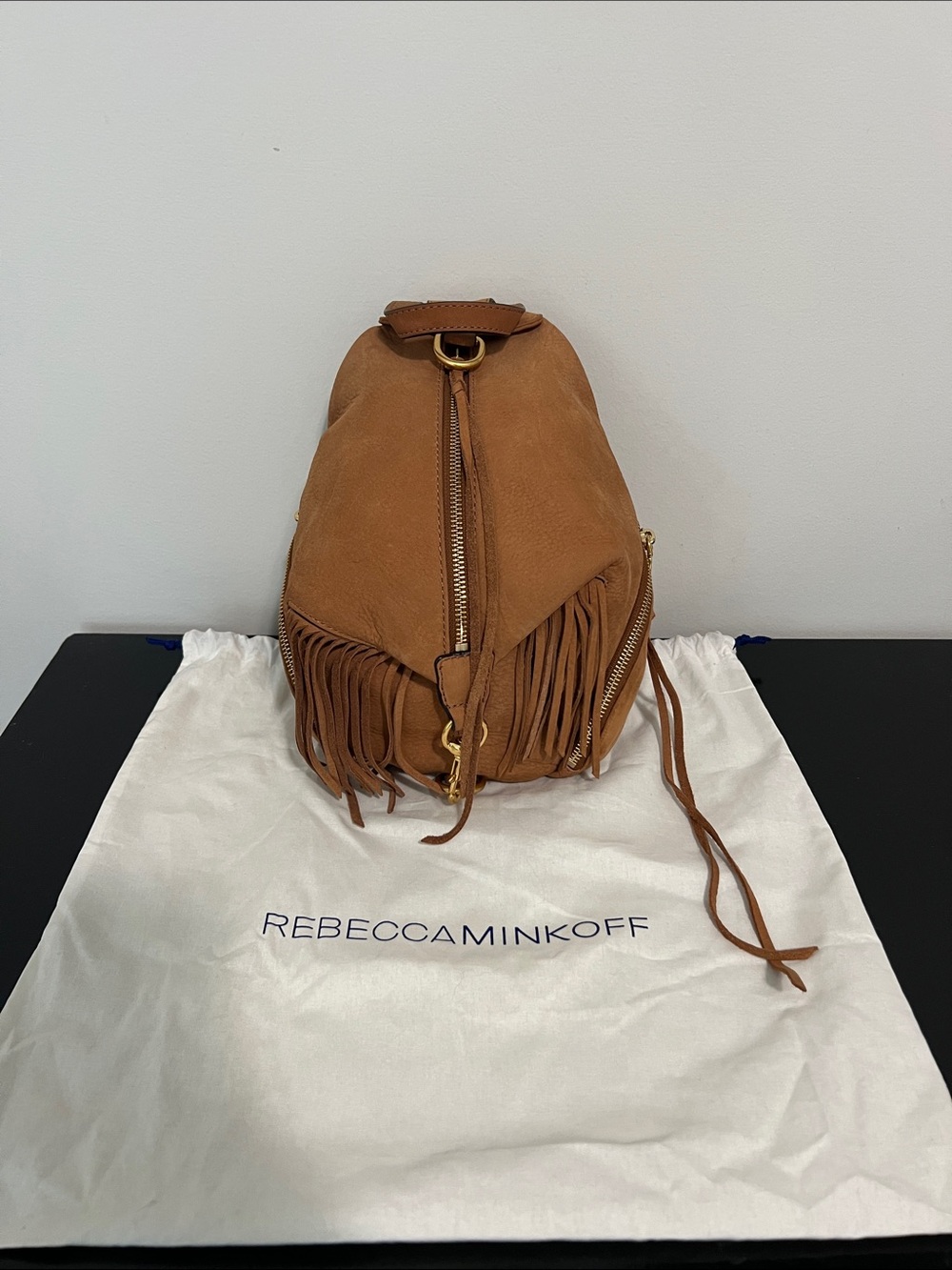 Rebecca Minkoff Brown Fringe Leather Backpack with Gold Hardware